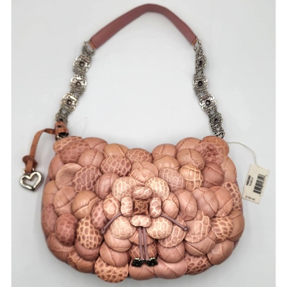 NWT Brighton Roselie Pink Leather Floral Shoulder Bag Silver Chain Heart Charm - Picture 1 of 16